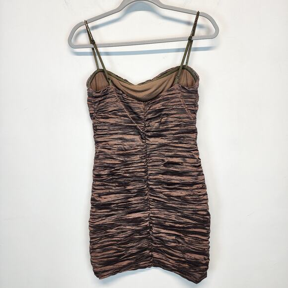 Vintage Ruched Crinkled Bodycon Cocktail Mini Dress Size M Dark Brown Ariella - Picture 5 of 15